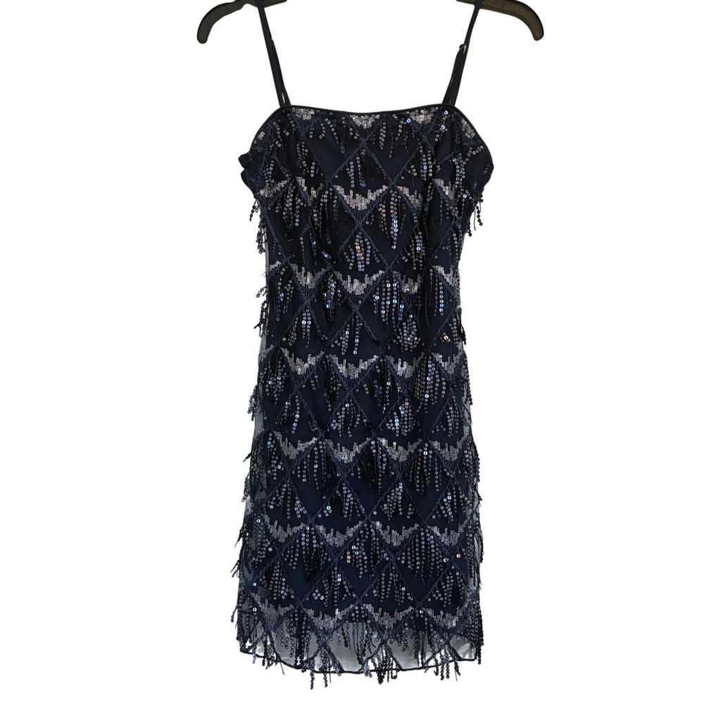Flapper Sequin Fringe Mini Dress Womens Size XXS Navy Blue Dark Fairy Whimsigoth